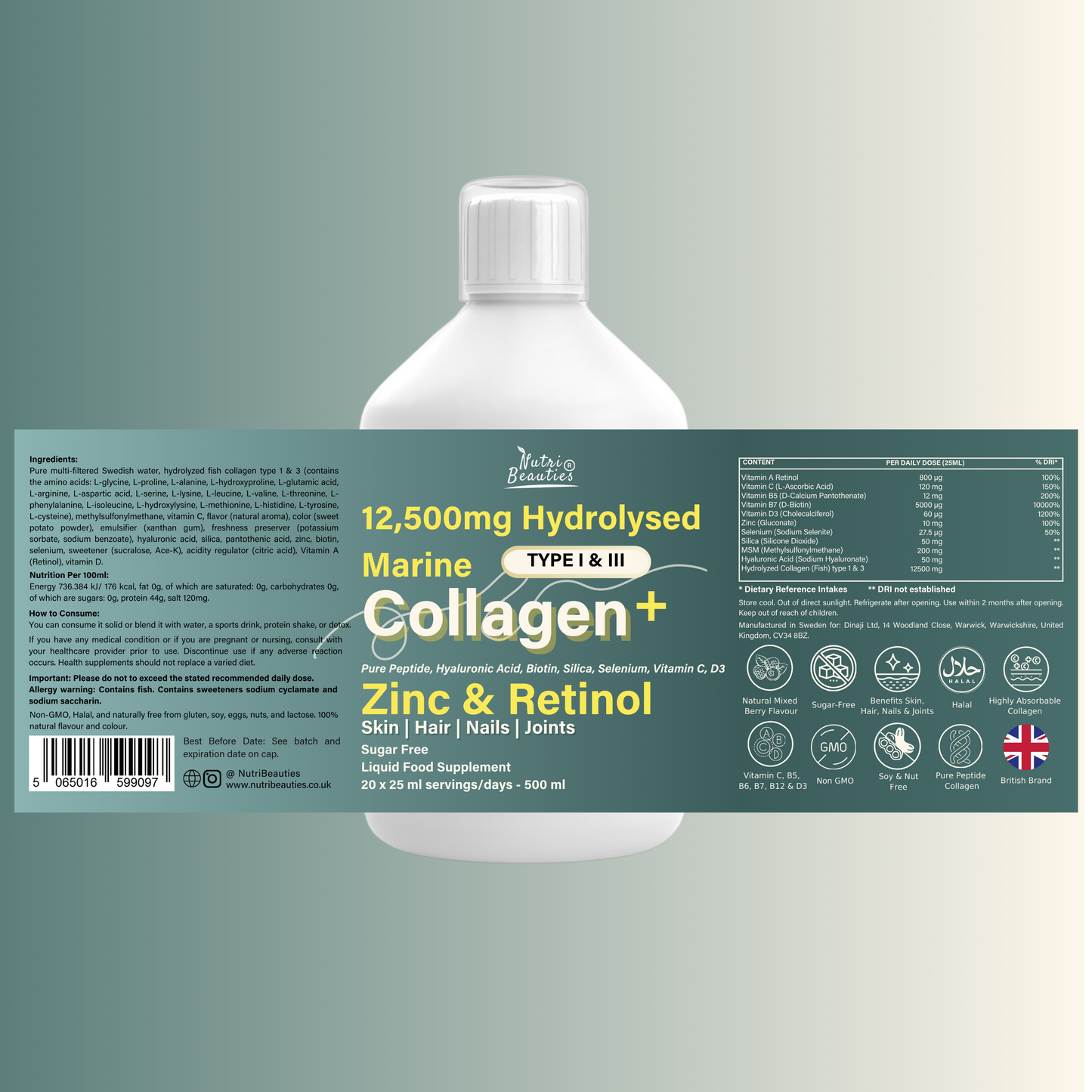 12,500mg Hydrolysed Marine Collagen PLUS Zinc & Retinol